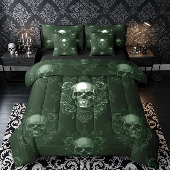 Castle Fairy Gothic Skull King Bedding 7pcs,Vintage Rose Damask King Bed in a Bag,Deep Moss,Black Reversible
