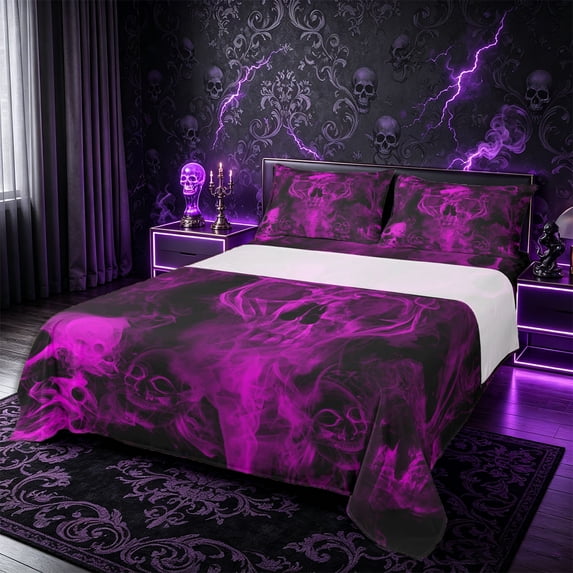 Castle Fairy Gothic Skull King Sheets 4pcs,Happy Halloween Bedding,Magenta Black,1 Fitted Sheet,1 Flat Sheet and 2 Pillowcases