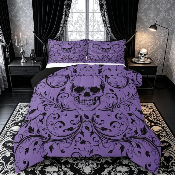 Castle Fairy Gothic Skull King Size Comforter Sets 3pcs,Abstract Gradient Leaves Comforters King Size,Lilac Purples,1 Comforter and 2 Pillowcases,Black Reversible