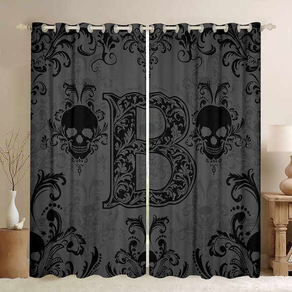 Castle Fairy Gothic Skull Letter B Black Out Curtains for Men,Vintage Floral Damask Curtains Pack of 2 (42x63 Each)