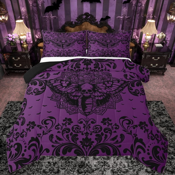 Castle Fairy 3-Piece Queen Size Comforter Set, Skull and Moth Gothic Nature Print