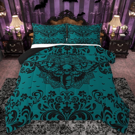 Castle Fairy Gothic Skull Moth Bedding Comforter Set 2pcs for Boys Girls,Bohemian Hippie Damask Twin Comforter Sets Microfiber,Exotic Style Breathable Bedding Set,Super Cozy Room Decor,Reversible