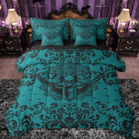 Castle Fairy Gothic Skull Moth Bedding Comforter Set 7-Piece for Boys Girls,Bohemian Hippie Damask King Bedding Sets,Exotic Style Ultra Soft Bed Sheets,Super Cozy Room Decor,Reversible