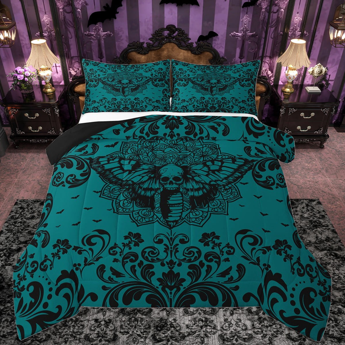 Flyff Rgothic Set Castle Fairy Gothic Skull Moth Full Size Comforter Sets 3-Piece for ...