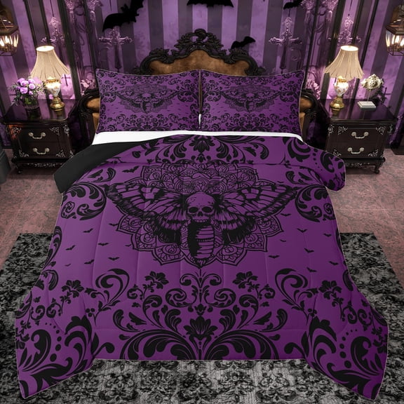 Castle Fairy Gothic Skull Moth Full Size Comforter Sets 3-Piece for Boys Girls,Bohemian Hippie Damask Bedding Comforter Set,Exotic Style Lightweight Bedding Sets,Super Cozy Room Decor,Reversible