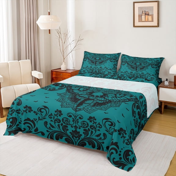 Castle Fairy Gothic Skull Moth Twin Sheet Sets 3pcs for Boys Girls,Bohemian Hippie Damask Twin Fitted Sheet Microfiber,Exotic Style Breathable Flat Sheet,Super Cozy Room Decor