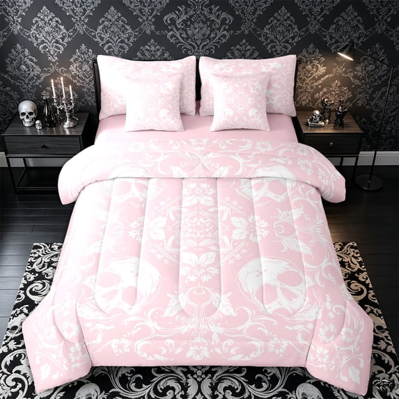 Castle Fairy Gothic Skull Queen Bedding 7pcs,Boho Floral Damask Bedding Comforter Set Queen,Blush Pink,Pink Reversible