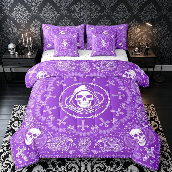 Castle Fairy Gothic Skull Queen Bedding 7pcs,Boho Paisley Thorn Wreath Pattern Bedding Comforter Set Queen,Purple White,Reversible