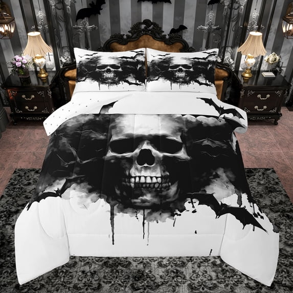 Castle Fairy Gothic Skull Queen Comforter Set,Flying Animal Bats Bedding Comforter Set