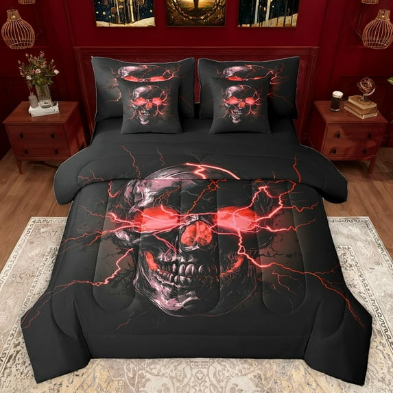 Castle Fairy Gothic Skull Twin Bedding Sets 7-Piece for Boys Girls,Abstract Green Lightning Bedding Comforter Set Microfiber,Exotic Style Breathable Sheet Sets,Ultra Soft Home Decor,Reversible