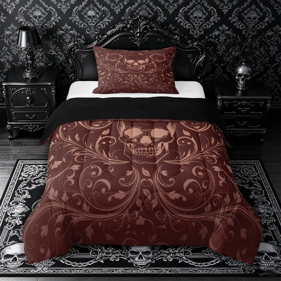 Castle Fairy Gothic Skull Twin Comforter Sets 2pcs,Abstract Gradient Leaves Bedding Set,Wine Rust,1 Comforter and 1 Pillowcase,Black Reversible