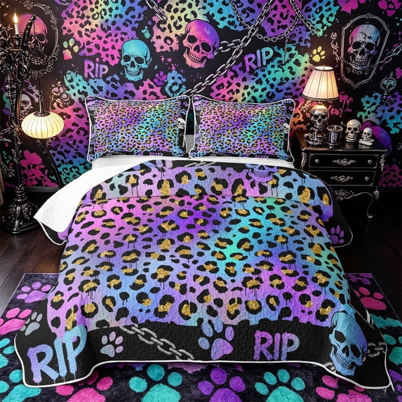 Castle Fairy Gothic Skull Twin Quilt Set,Gradient Leopard Print Twin Coverlet Set,Iridescent Purple