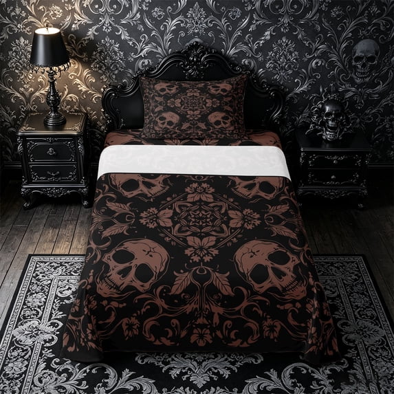 Castle Fairy Gothic Skull Twin Sheets 3pcs,Floral Damask Bedding,Black Taupe,1 Fitted Sheet,1 Flat Sheet and 1 Pillowcase