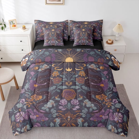 Castle Fairy Gothic Snake Bedding Comforter Set,Chic Floral Flowers King Bedding Sets