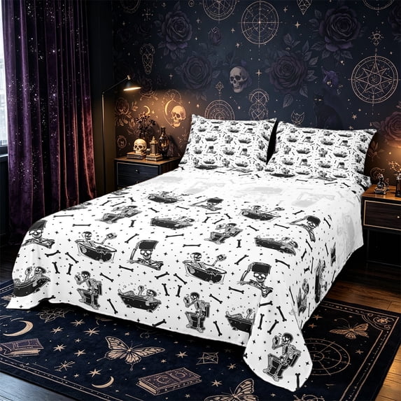 Castle Fairy Gothic Spooky Skeleton Bed Sheets 4-Piece,Halloween Stars Print Full Size Sheets,White Offwhite,1 Fitted Sheet,1 Flat Sheet and 2 Pillowcases