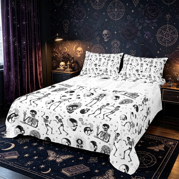 Castle Fairy Gothic Spooky Skeleton Bed Sheets 4-Piece,Sugar Skull Stars Pattern Full Size Sheets,White Offwhite,1 Fitted Sheet,1 Flat Sheet and 2 Pillowcases