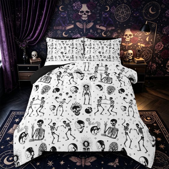 Castle Fairy Gothic Spooky Skeleton Queen Comforter Set 3 Pieces,Sugar Skull Stars Pattern Comforter Sets Queen,White Offwhites,1 Comforter and 2 Pillowcases,Black Reversible