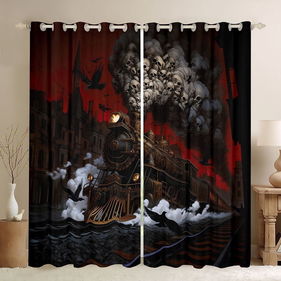 Castle Fairy Gothic Steam Train Black Out Curtains for Teens, Skull Crow Night Curtains Pack of 2 (42x63 Each) for Themed Bedroom, Black Red