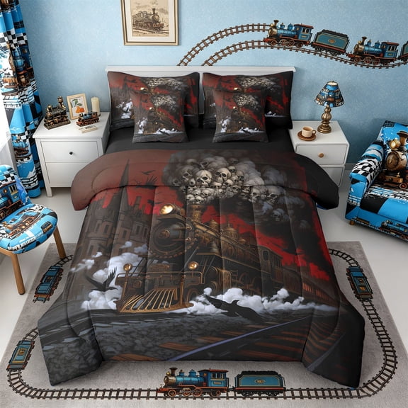Castle Fairy Gothic Steam Train Twin Bedding Sets 7-Piece for Teens, Skull Crow Night Bedding Comforter Set for Themed Bedroom, Black Red,Black Reversible