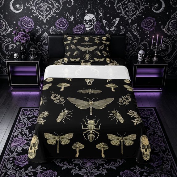 Castle Fairy Gothic Vintage Skull Twin Sheets 3pcs,Animal Deer Botanical Mushroom Bedding,Beige Black,1 Fitted Sheet,1 Flat Sheet and 1 Pillowcase