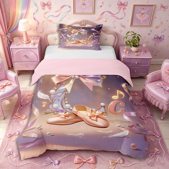 Castle Fairy Graceful Bow Letter C Twin Duvet Cover,Musical Note Dance Ballet Motif Twin Bedding,Creamy Peach Lilac,1 Duvet Cover and 1 Pillowcase