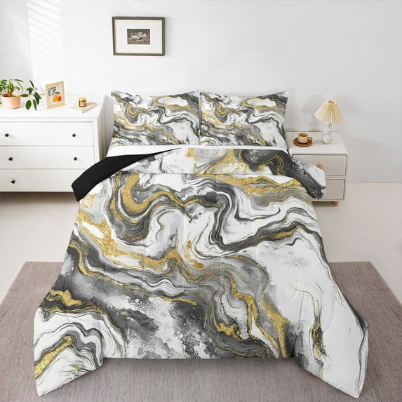 Castle Fairy 3-Piece Queen Size Comforter Set - Marble Grey White Golden Gradient Print