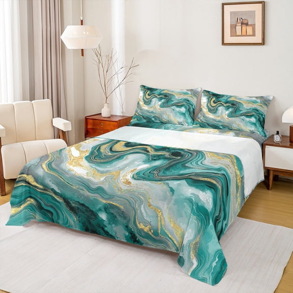 Castle Fairy Gradient Abstract Marble 3Pcs Twin Sheet Sets for Teens Boys Girls,Green Golden Twin Fitted Sheet,Marbling Watercolor Breathable Flat Sheet,Ultra Soft Home Decor