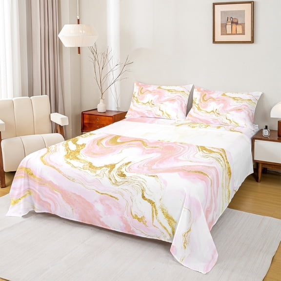 Castle Fairy Gradient Abstract Marble 3Pcs Twin Sheet Sets for Teens Boys Girls,Pink Golden White Twin Fitted Sheet,Marbling Watercolor Breathable Flat Sheet,Ultra Soft Home Decor