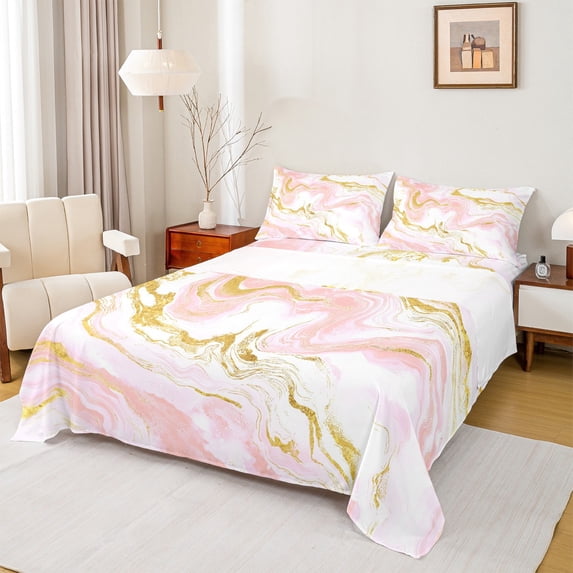 Castle Fairy Gradient Abstract Marble 4 Pieces Queen Sheet Sets for Teens Boys Girls,Pink Golden White Ultra Soft Flat Sheet,Marbling Watercolor Queen Fitted Sheet,Ultra Soft Home Decor