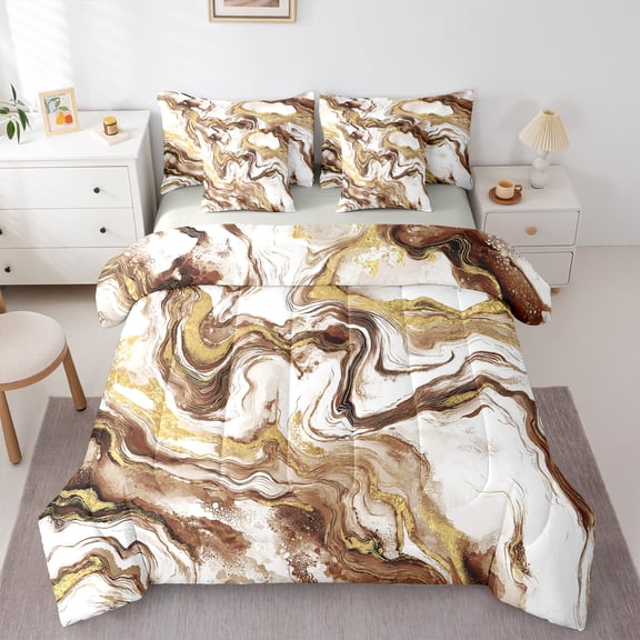 Castle Fairy Gradient Abstract Marble 7-Piece Bedding Comforter Set for Teens Boys Girls,Brown White Golden King Bedding Sets,Marbling Watercolor Ultra Soft Bed Sheets,Ultra Soft Home Decor