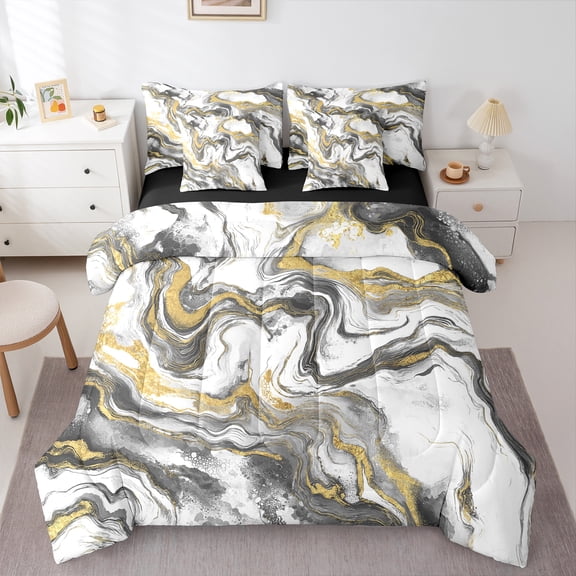 Castle Fairy Gradient Abstract Marble 7-Piece Bedding Comforter Set for Teens Boys Girls,Grey White Golden King Bedding Sets,Marbling Watercolor Ultra Soft Bed Sheets,Ultra Soft Home Decor