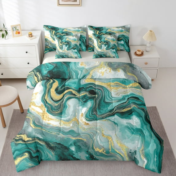 Castle Fairy Gradient Abstract Marble 7 Pieces Bedding Comforter Set for Teens Boys Girls,Green Golden Full Bedding Set Lightweight,Marbling Watercolor Fitted Sheet Flat Sheet,Ultra Soft Home Decor