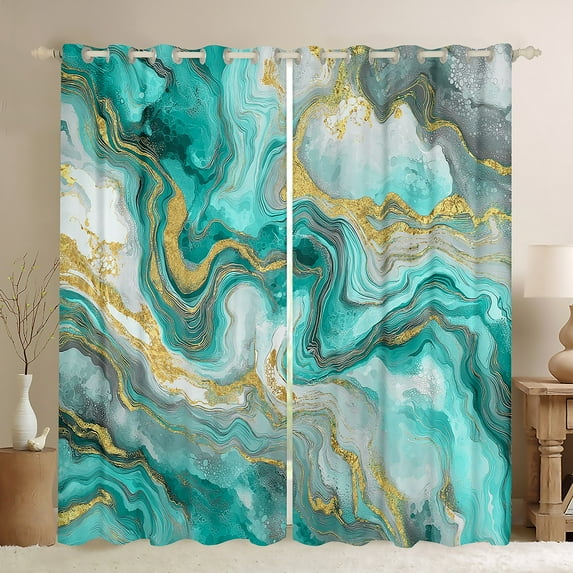 Castle Fairy Gradient Abstract Marble Blackout Curtains Set of 2 (52x84 Each) for Teens Boys Girls,Teal Golden Grey Window Curtains,Marbling Watercolor Curtains and Drapes,Ultra Soft Home Decor