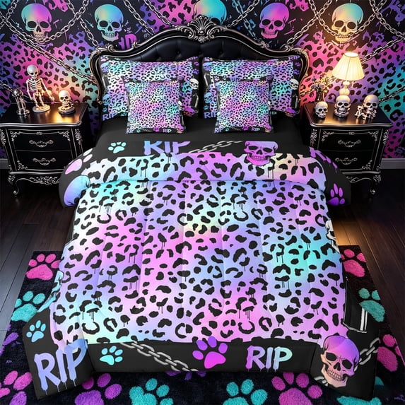Castle Fairy Gradient Abstract Skull 7-Piece Twin Bedding,Vibrant Leopard Print Bedding Comforter Set,Iridescent Pastel,Black Reversible