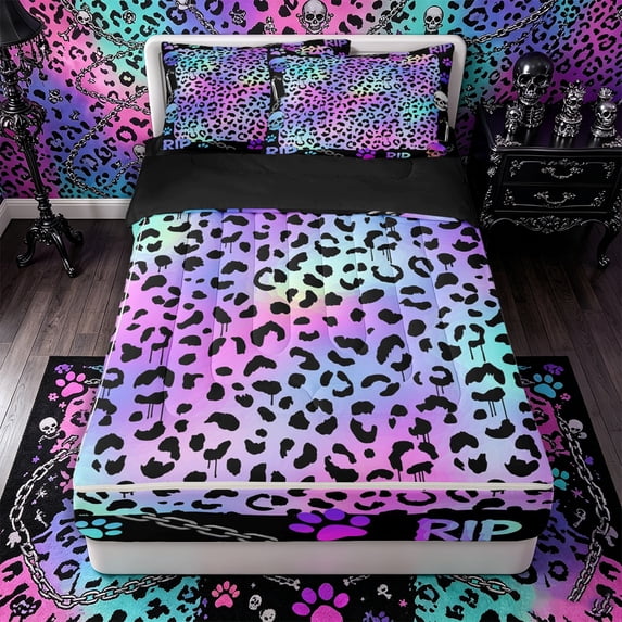 Castle Fairy Gradient Abstract Skull Zipper Queen Comforter Set with Fitted Sheet and 2 Pillowcases,Vibrant Leopard Print Zipper Bedding Set,Iridescent Pastel,4 Pieces,Black Reversible