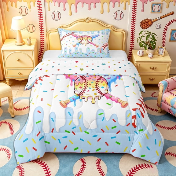 Castle Fairy Gradient Baseball Bat Print Twin Comforter Sets 2pcs, Sport Theme Ice Cream Bedding Set, Pink Blue White,1 Comforter and 1 Pillowcase