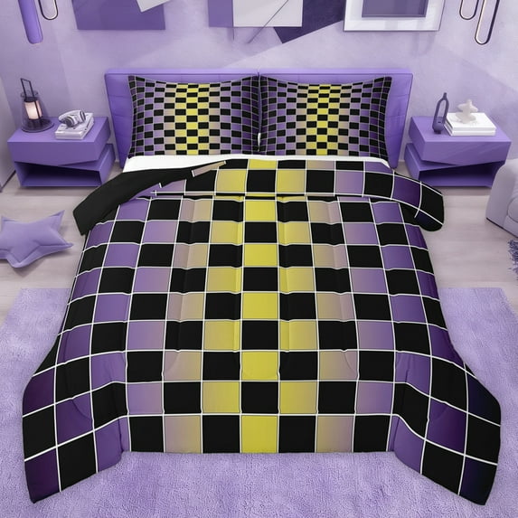 Castle Fairy Gradient Buffalo 3 Pieces Queen Comforter Set for Female Men Adults,Minimalist Geometric Checkered Ultra Soft Bedding Sets,Vintage Aesthetic Bedding Comforter Set Breathable