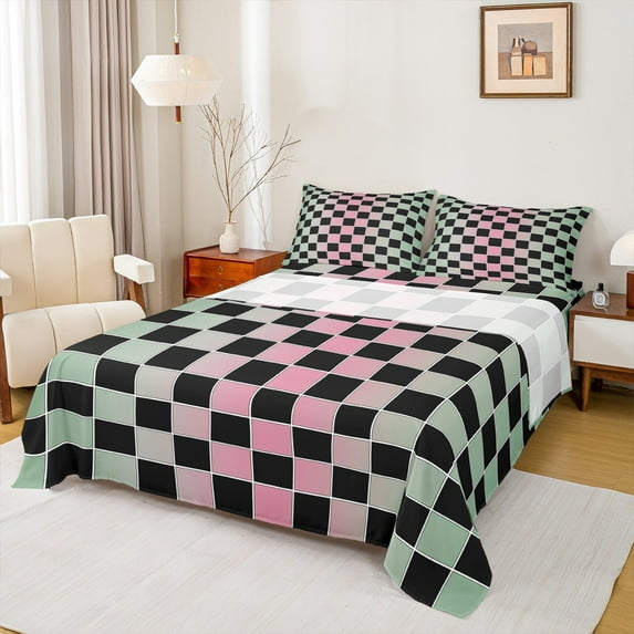 Castle Fairy Gradient Buffalo Full Size Sheets 4-Piece for Female Men Adults,Minimalist Geometric Checkered Breathable Bed Sheets,Vintage Aesthetic Lightweight Sheet Sets,Lightweight Room Decor