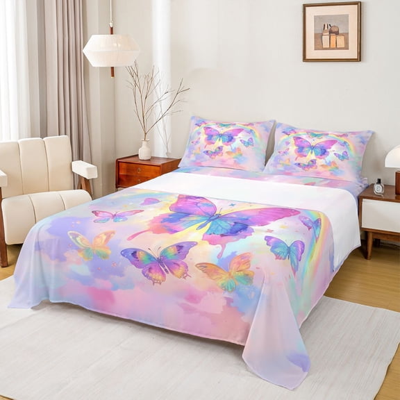 Castle Fairy Gradient Butterflies 4pcs Bed Sheets for Kids Children,Kawaii Ombre Rainbow King Sheets,Dreamy Princess Super Cozy Sheet Set,Lightweight Room Decor
