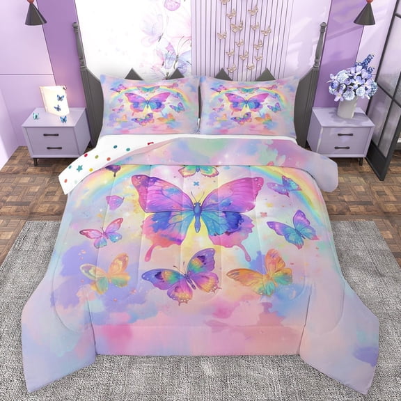 Castle Fairy Gradient Butterflies Bedding Comforter Set 2pcs for Kids Children,Kawaii Ombre Rainbow Twin Comforter Sets Microfiber,Dreamy Princess Breathable Bedding Set,Lightweight Room Decor