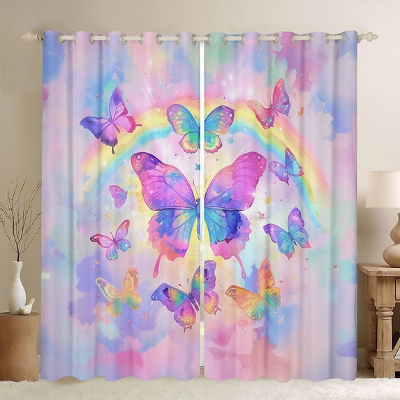 Castle Fairy Gradient Butterflies Blackout Curtains Set of 2 (52x84 Each) for Kids Children,Kawaii Ombre Rainbow Window Curtains,Dreamy Princess Curtains and Drapes,Lightweight Room Decor