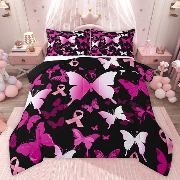 Castle Fairy Gradient Butterflies Girl Twin Comforter Sets,Pink Ribbon Bedding Set