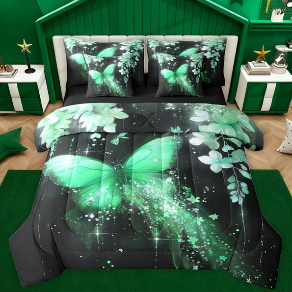 Castle Fairy Gradient Butterfly Bedding Comforter Set 7 Pieces for Adults Female Men,Black Green Full Bedding Set Lightweight,Chic Floral Flowers Fitted Sheet Flat Sheet,Ultra Soft Home Decor