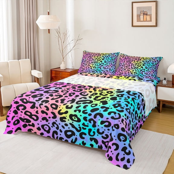 Castle Fairy Gradient Cheetah Print Full Size Sheets,Animal Leopard Print Bed Sheets