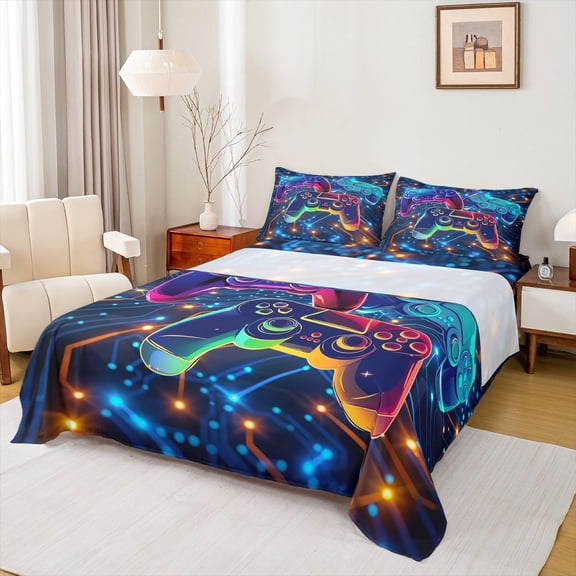 Castle Fairy Gradient Gamer 4 Pieces Queen Sheet Sets,Video Game Ultra Soft Flat Sheet,Game Console Queen Fitted Sheet,Ultra Soft Abstract Home Decor