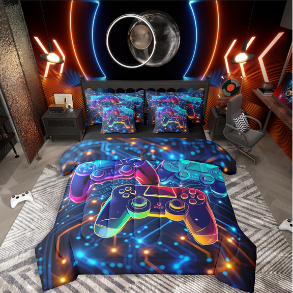 Castle Fairy Gradient Gamer 7 Pieces Bedding Comforter Set,Video Game Full Bedding Set Lightweight,Game Console Fitted Sheet Flat Sheet,Ultra Soft Abstract Home Decor,Reversible