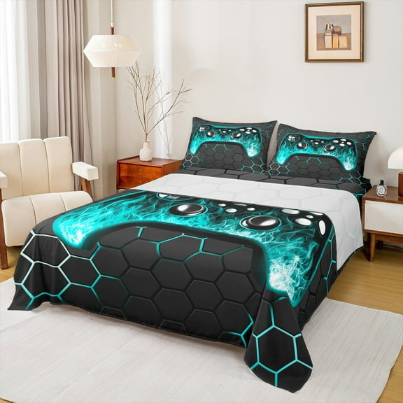 Castle Fairy Gradient Gamer Boy 3pcs Twin Sheet Sets,Video Game Twin Fitted Sheet,Geometric Hexagon Breathable Flat Sheet,Microfiber Bedroom Decor