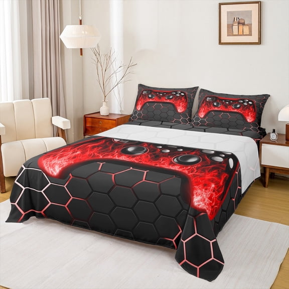 Castle Fairy Gradient Gamer Boy 4pcs Bed Sheets,Video Game King Sheets,Geometric Hexagon Super Cozy Sheet Set,Microfiber Bedroom Decor