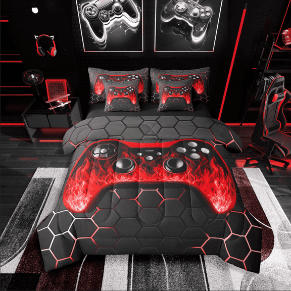 Castle Fairy Gradient Gamer Boy 7 Pieces Bedding Comforter Set,Video Game Full Bedding Set Lightweight,Geometric Hexagon Fitted Sheet Flat Sheet,Microfiber Bedroom Decor