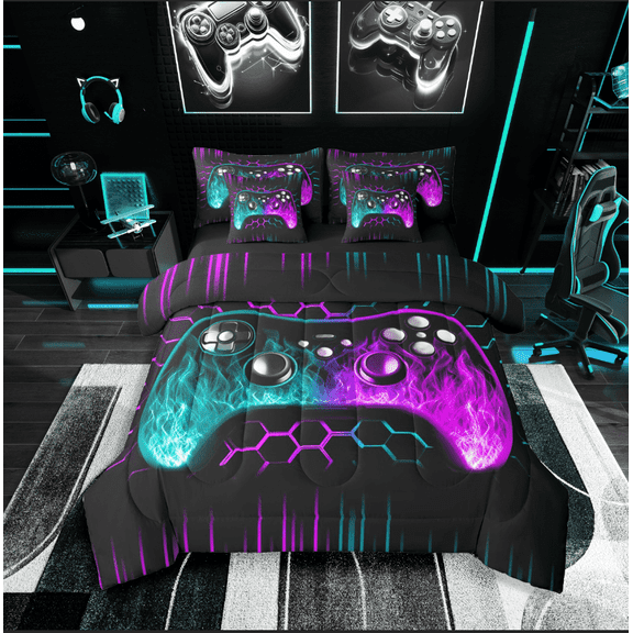 Castle Fairy Gradient Gamer Boy 7pcs Bedding Comforter Set,Video Game Queen Bedding Sets Super Cozy,Geometric Hexagon Queen Sheet Sets,Microfiber Bedroom Decor